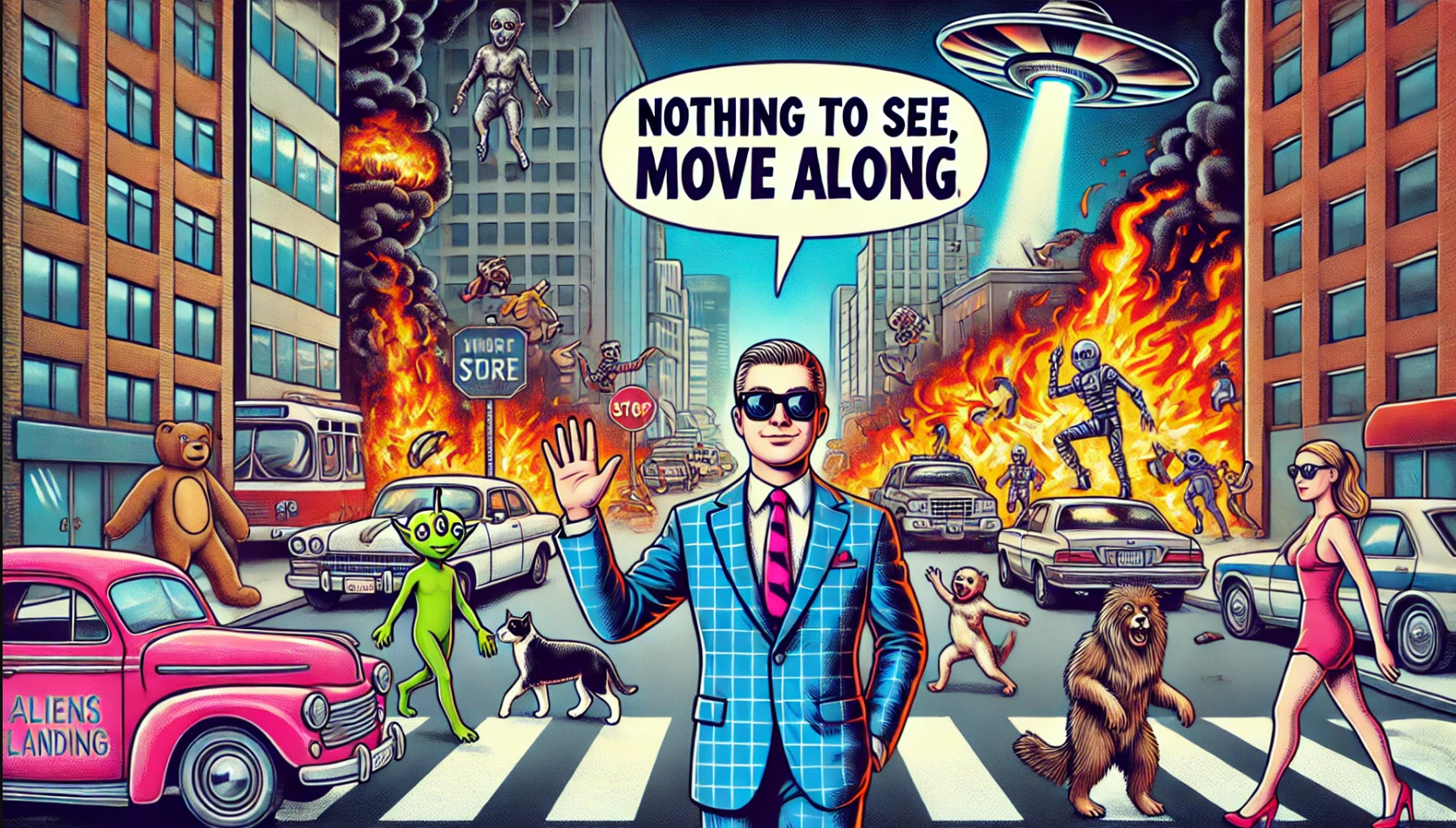 Guy standing in a chaotic city saying Nothing to see move along
